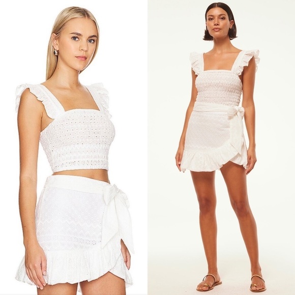 MISA LOS ANGELES Eyelet Flutter Strap‎ Tie Back Square Neck Smocked Crop Top S - Picture 2 of 16